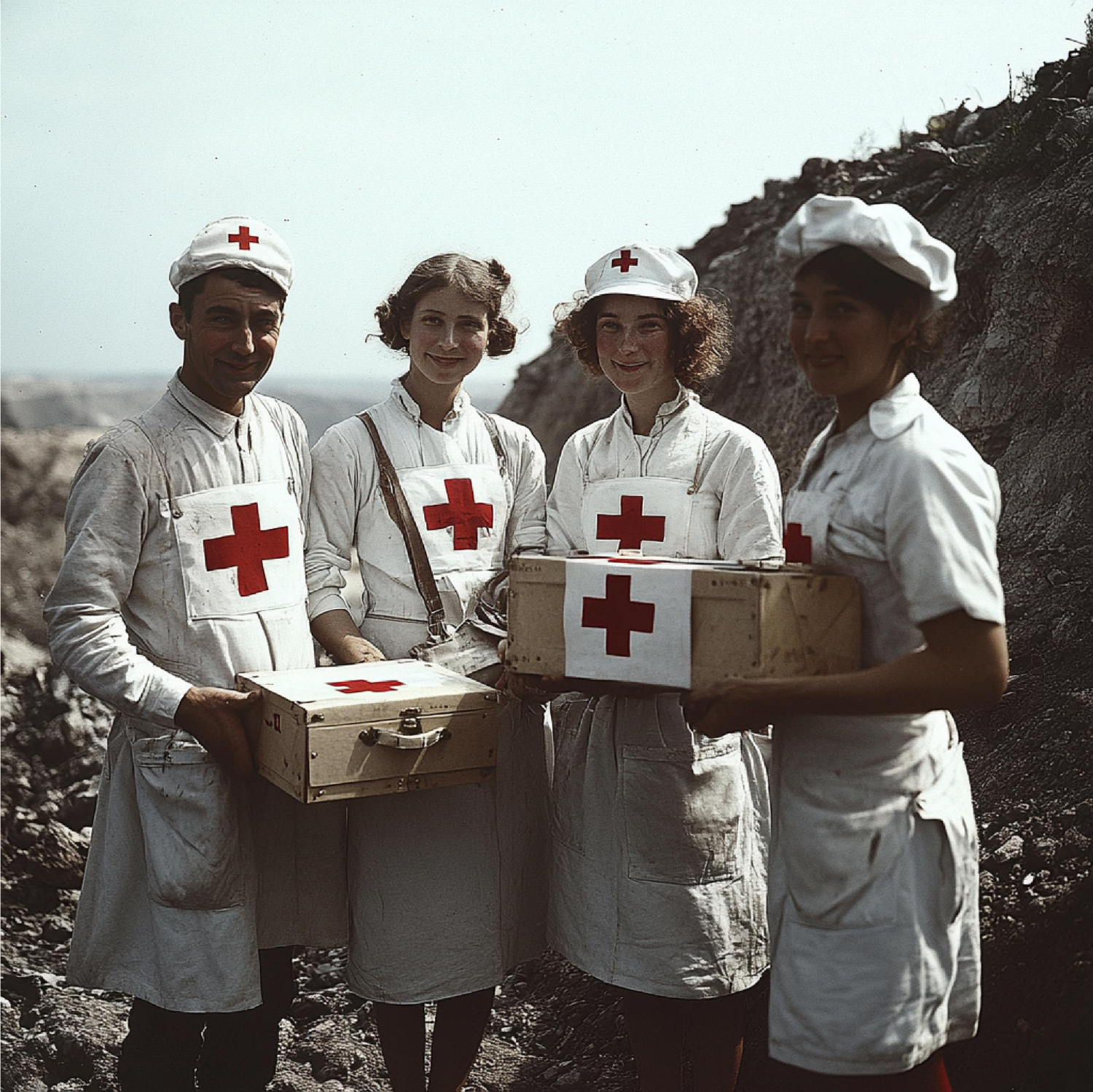 Grupa pielęgniarek i pielęgniarzy w mundurach Czerwonego Krzyża z czasów wojny, trzymających skrzynki z materiałami medycznymi.